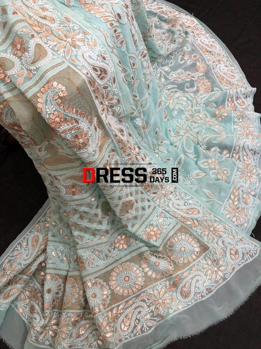 Sea Green Hand Embroidered Chikankari & Gota Patti Saree