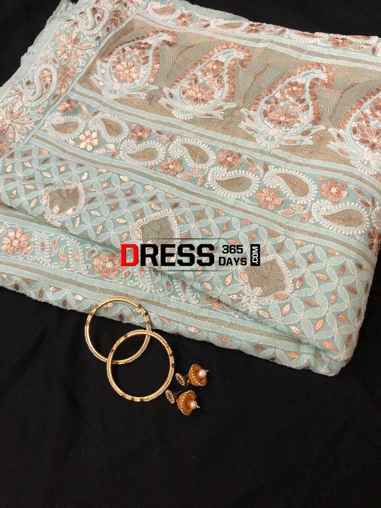Sea Green Hand Embroidered Chikankari & Gota Patti Saree
