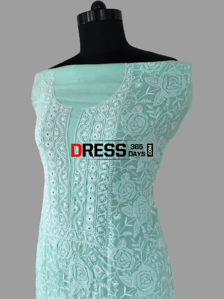 Sea Green Hand Embroidered Fine Chikankari Suit (Three Piece) Suits