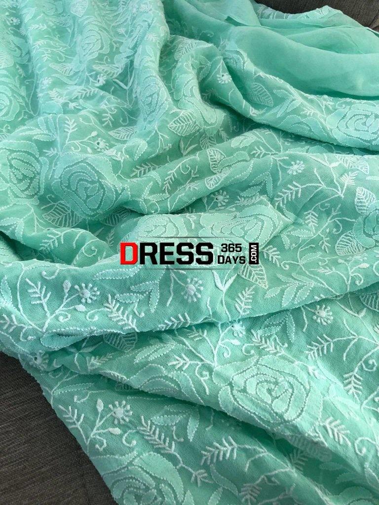 Sea Green Hand Embroidered Fine Chikankari Suit (Three Piece) Suits