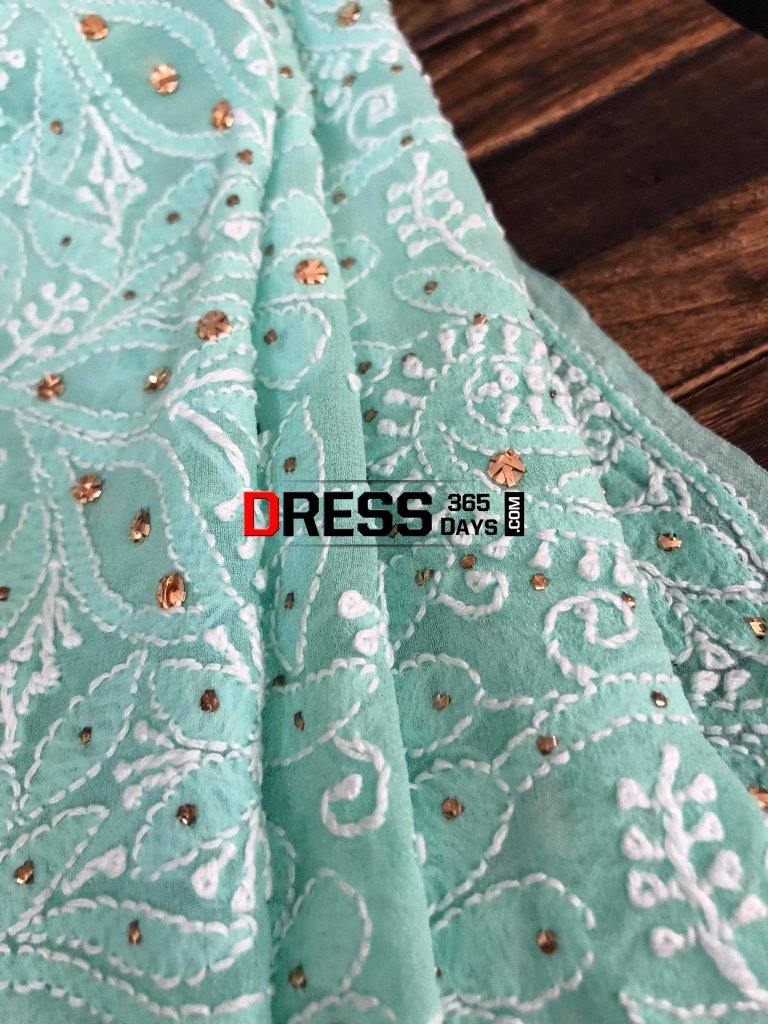Sea Green Hand Embroidered Mukaish Chikankari Dupatta