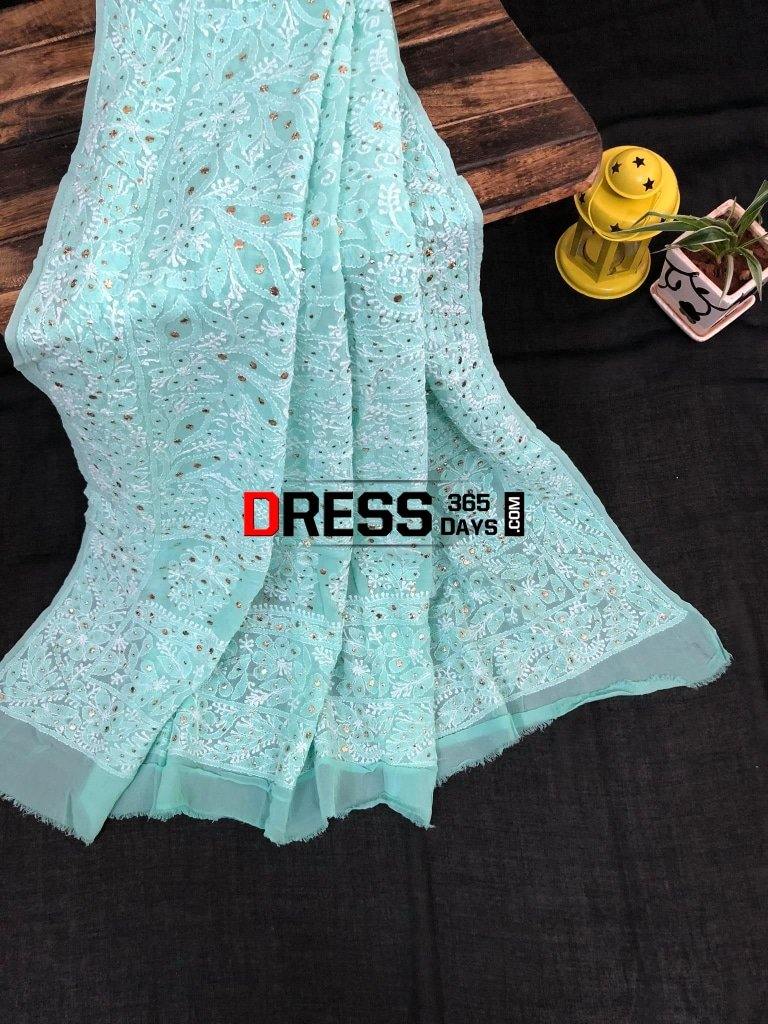 Sea Green Hand Embroidered Mukaish Chikankari Dupatta