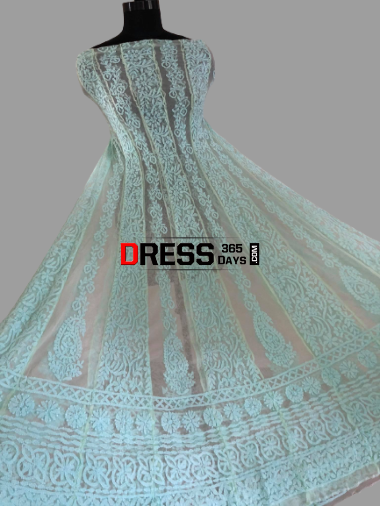 Sea Green Hand Embroidered Net Chikankari Anarkali