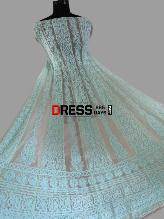 Sea Green Hand-Embroidered Tissue Silk Anarkali Set with Teal Zari Dupatta – Medium to 2XL
