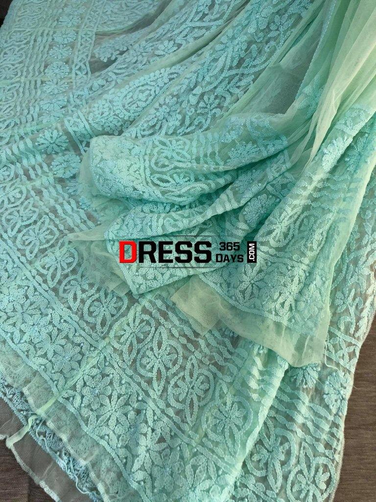 Sea Green Hand Embroidered Net Chikankari Anarkali