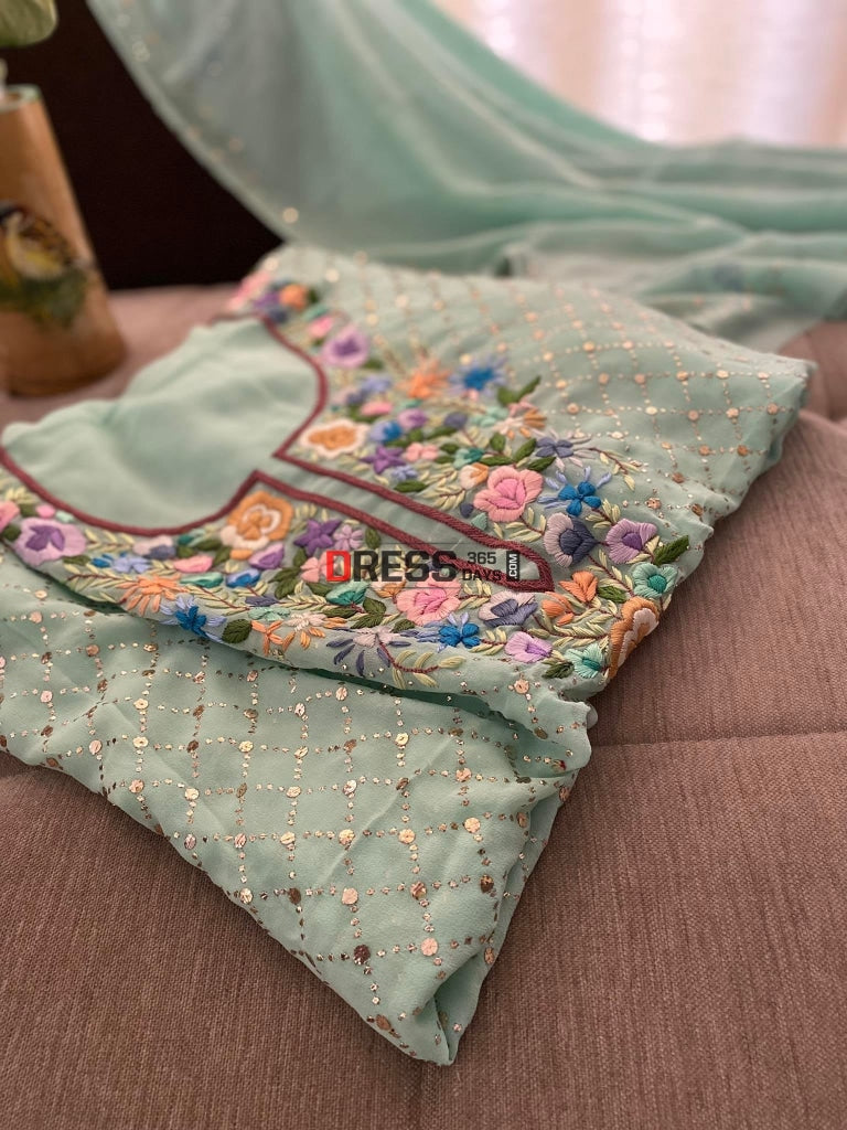 Sea Green Kamdani And Parsi Gara Neckline Suit Suits