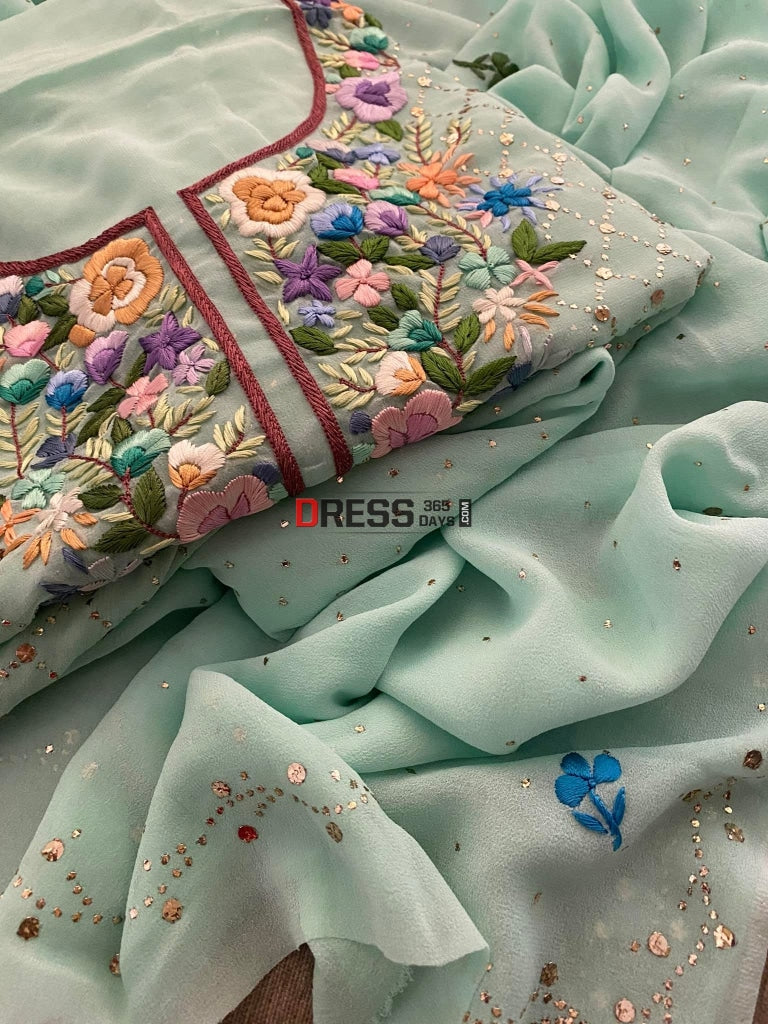 Sea Green Kamdani And Parsi Gara Neckline Suit Suits
