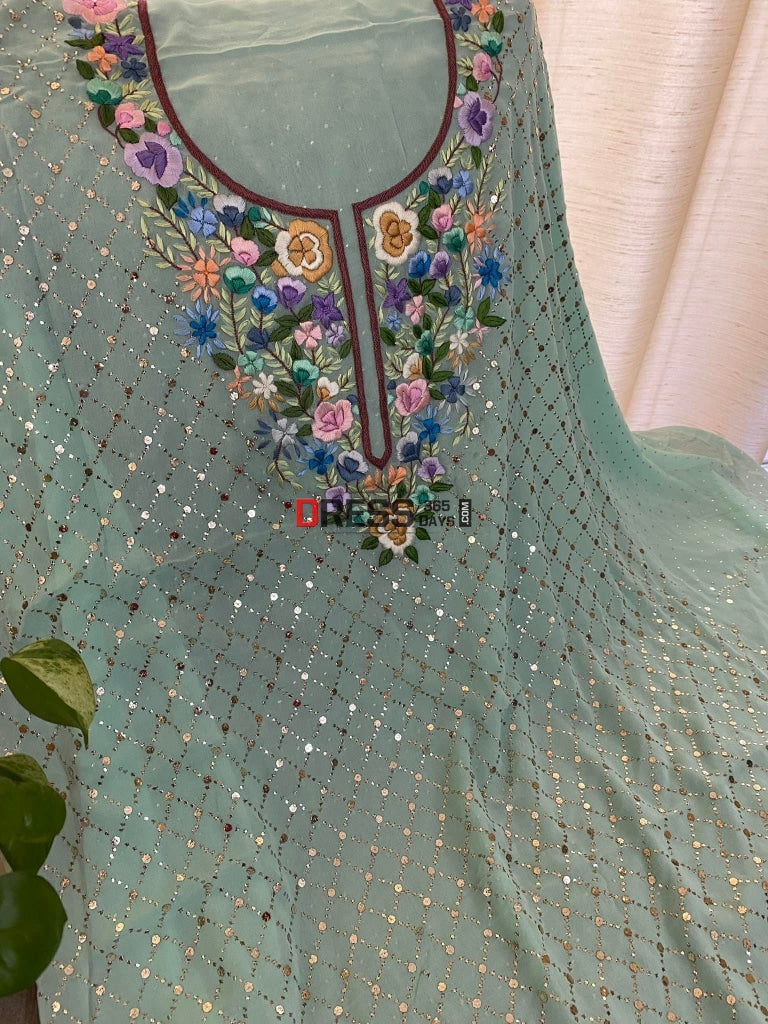 Sea Green Kamdani And Parsi Gara Neckline Suit Suits