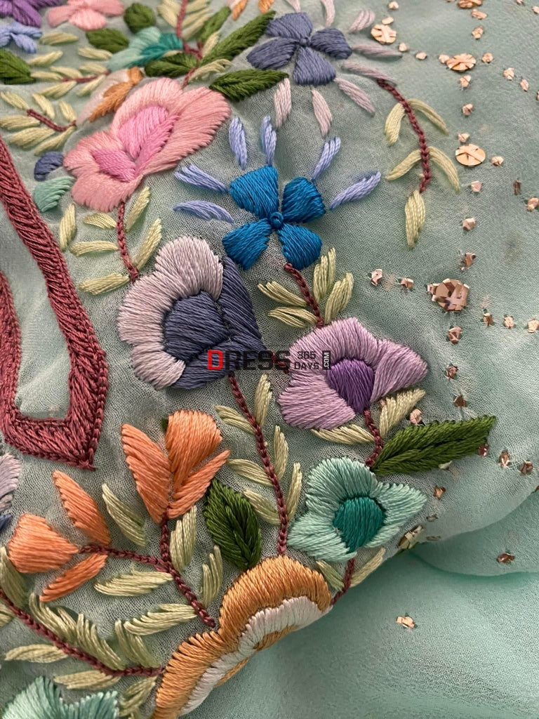 Sea Green Kamdani And Parsi Gara Neckline Suit Suits