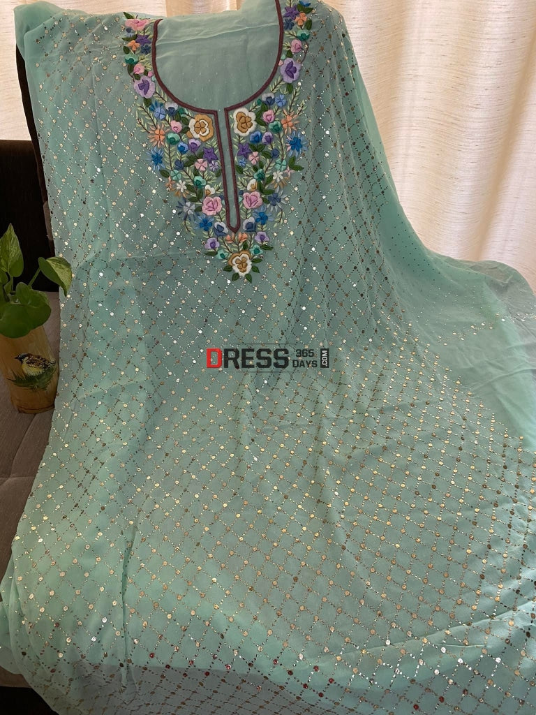 Sea Green Kamdani And Parsi Gara Neckline Suit Suits
