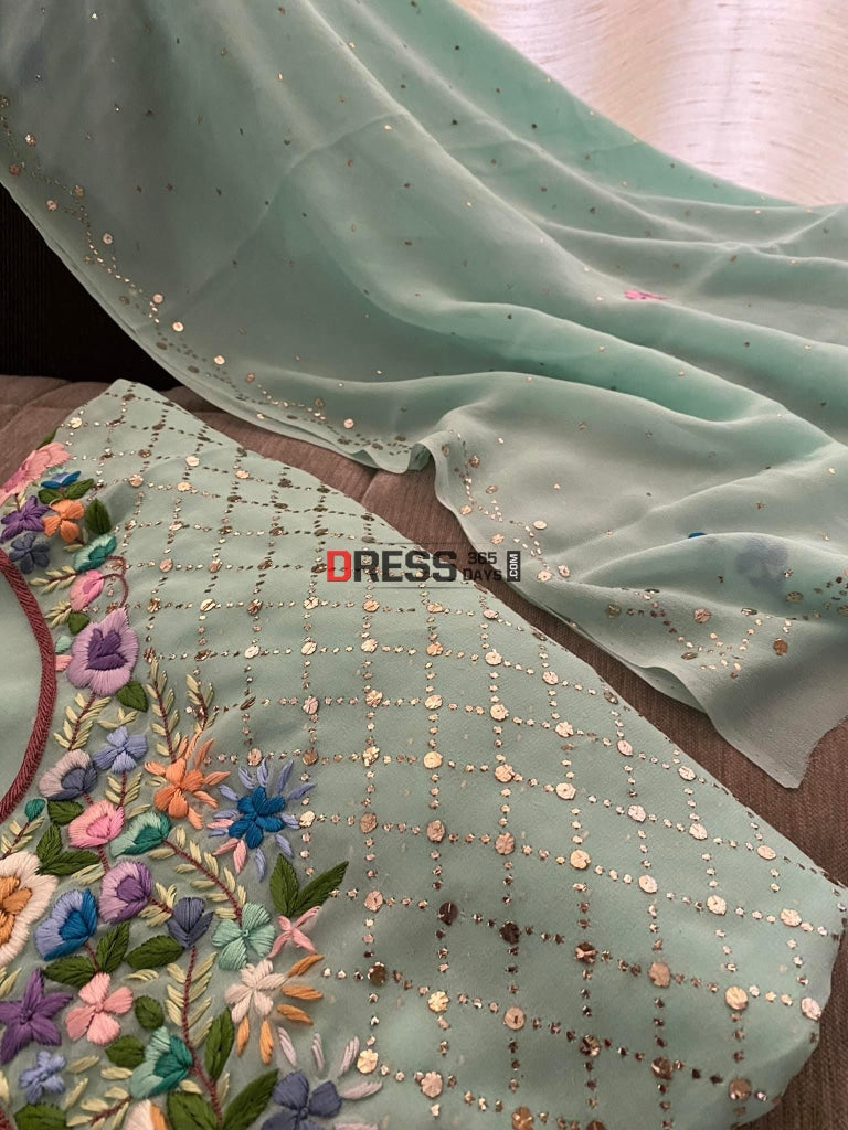 Sea Green Kamdani And Parsi Gara Neckline Suit Suits