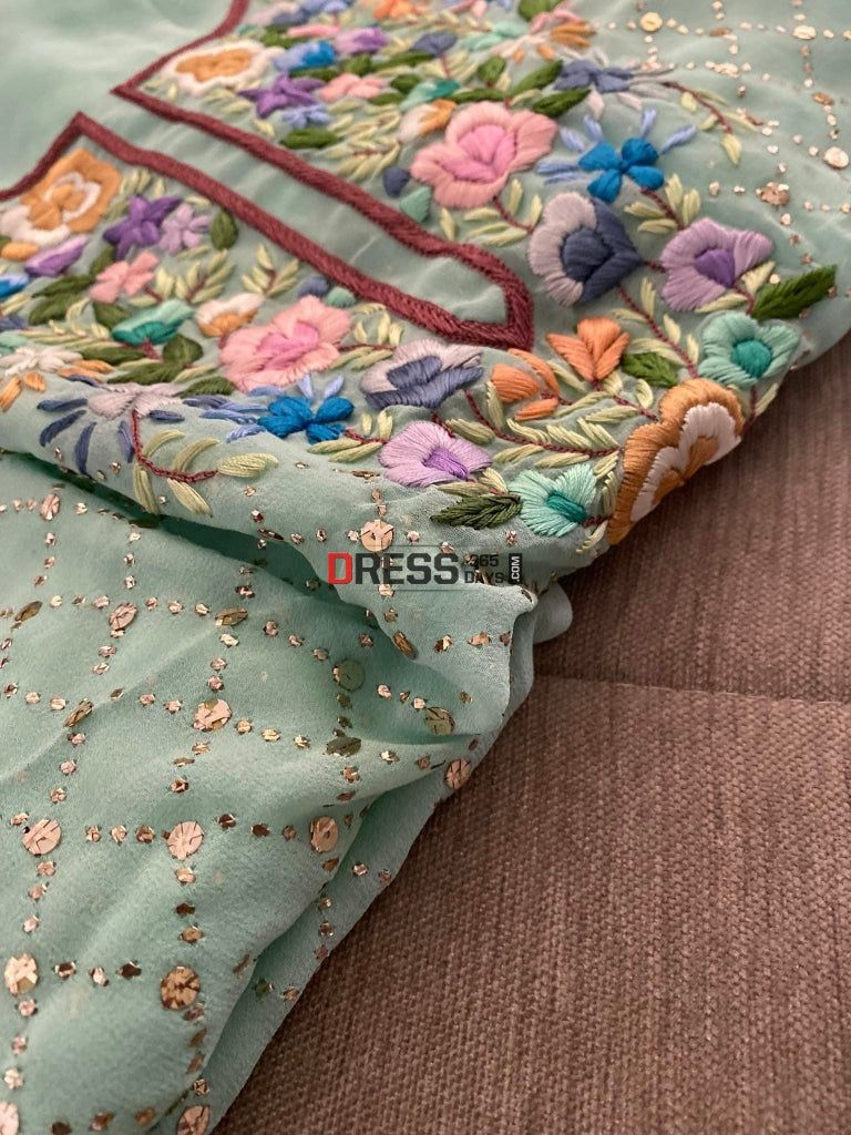 Sea Green Kamdani And Parsi Gara Neckline Suit Suits
