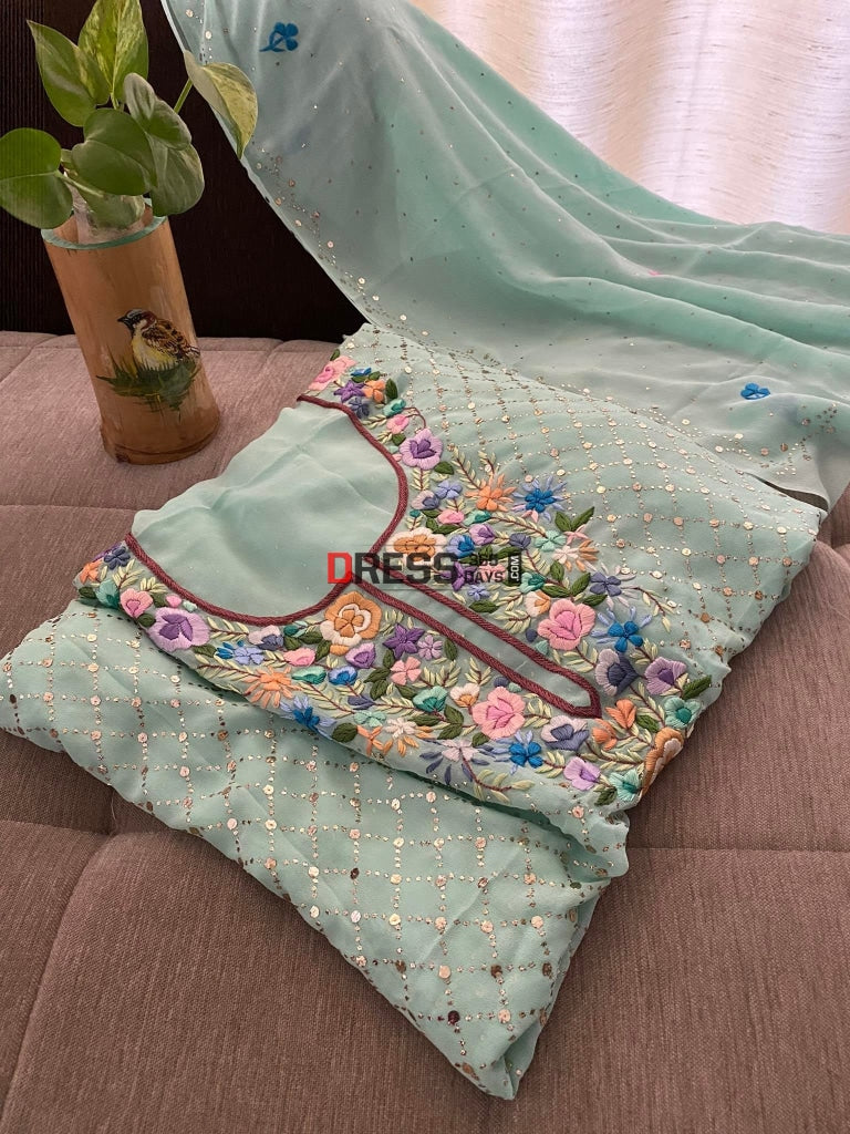 Sea Green Kamdani And Parsi Gara Neckline Suit Suits