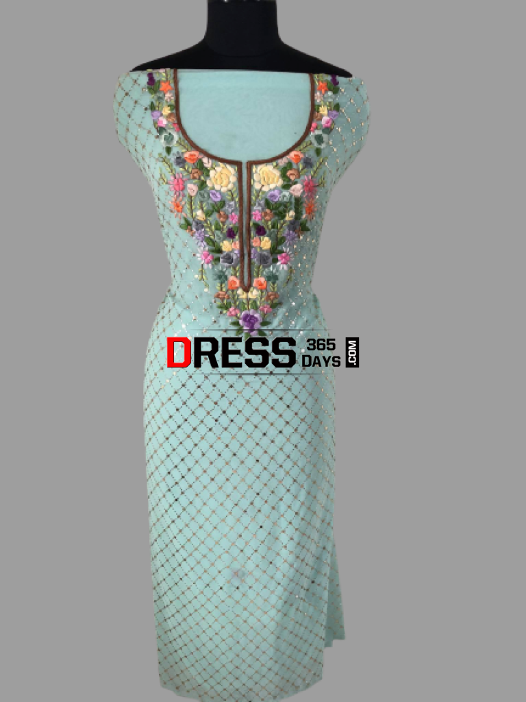 Sea Green Kamdani And Parsi Gara Suit (Three Piece) Suits