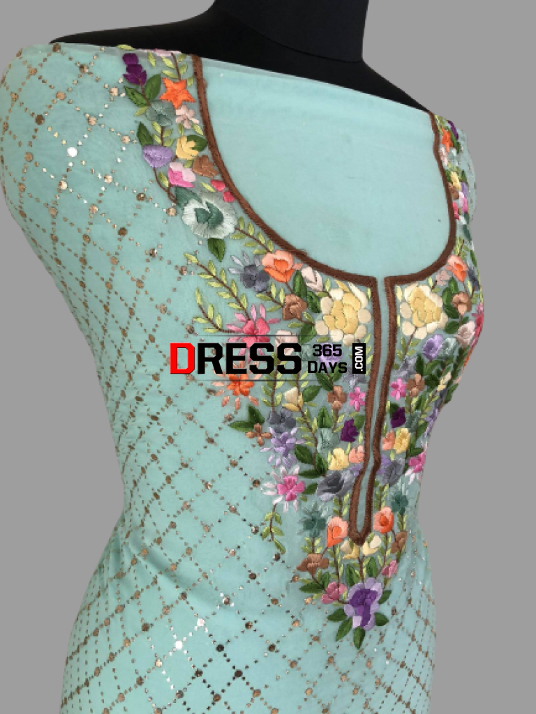 Sea Green Kamdani And Parsi Gara Suit (Three Piece) Suits