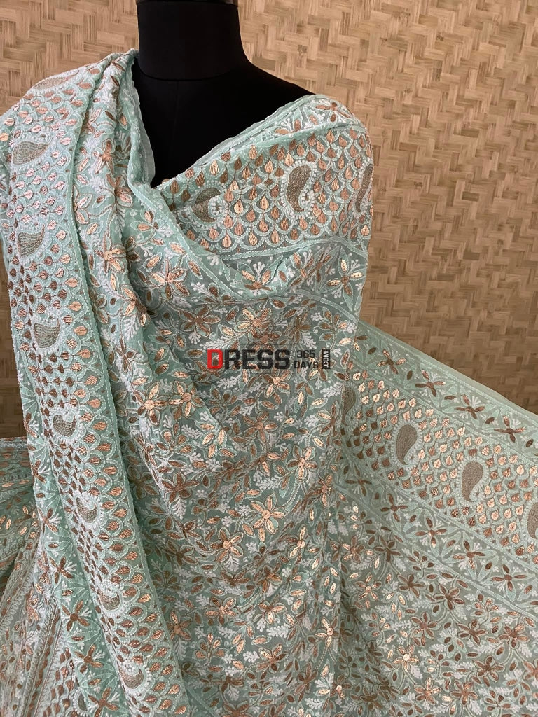 Sea Green Lucknowi Chikankari Gota Patti Lehenga Set
