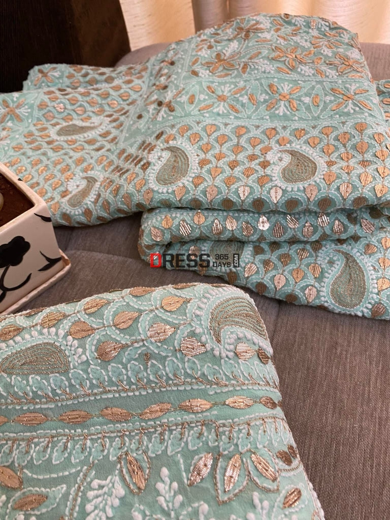Sea Green Lucknowi Chikankari Gota Patti Lehenga Set