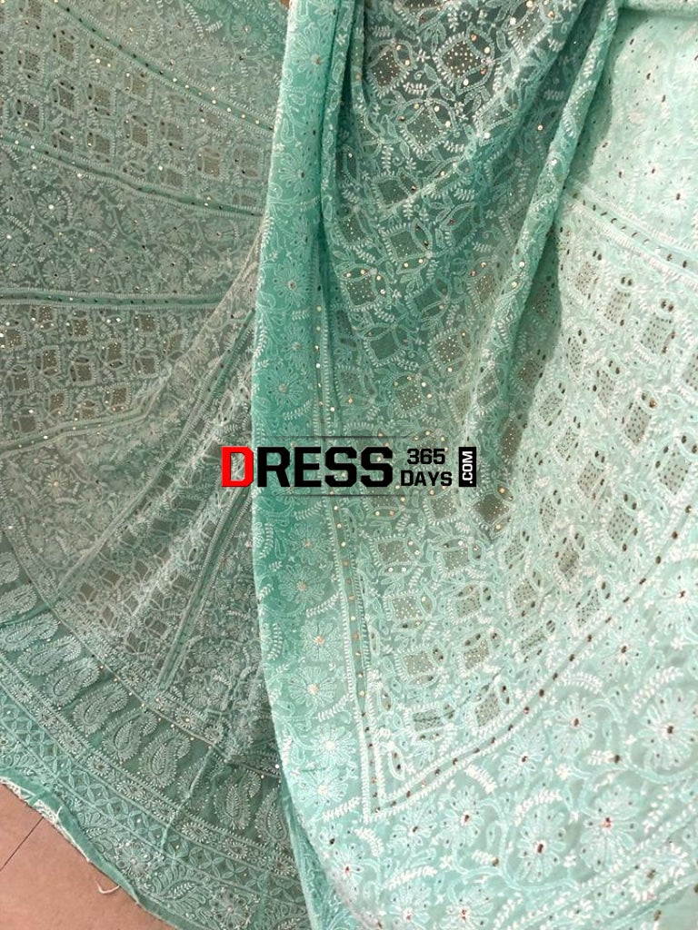 Sea Green Lucknowi Chikankari Lehenga With Golden Mukaish Work