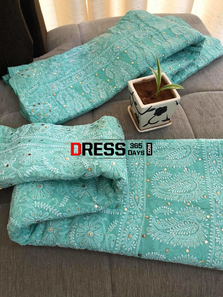 Sea Green Lucknowi Chikankari Lehenga With Golden Mukaish Work