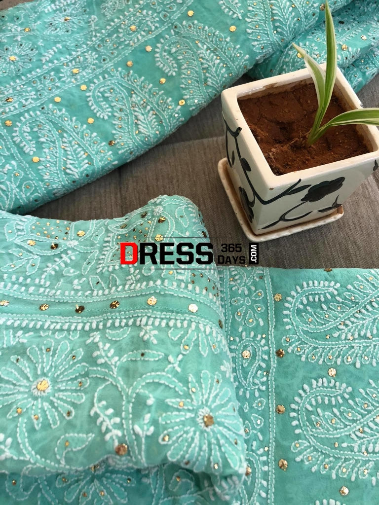 Sea Green Lucknowi Chikankari Lehenga With Golden Mukaish Work