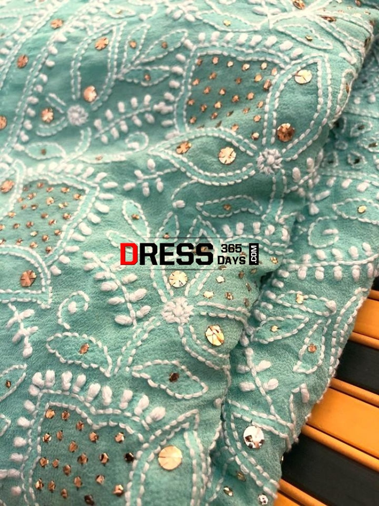 Sea Green Lucknowi Chikankari Lehenga With Golden Mukaish Work