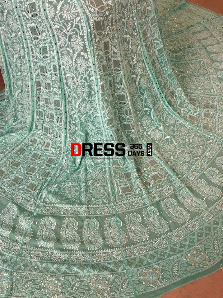 Sea Green Lucknowi Chikankari Lehenga With Golden Mukaish Work