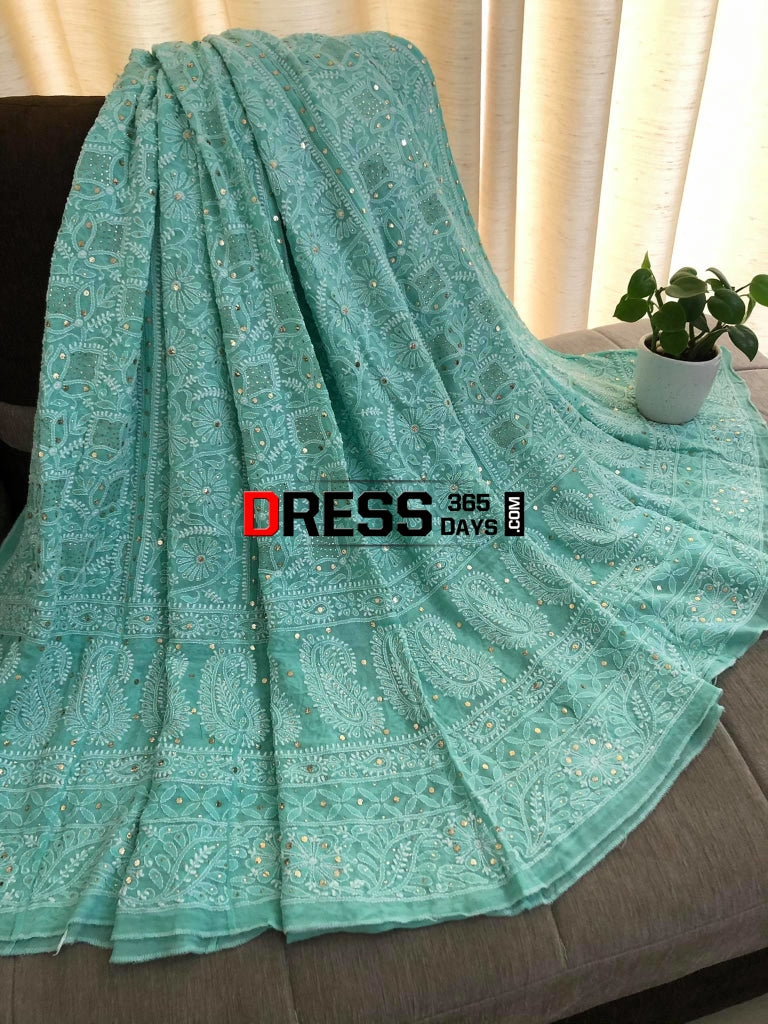 Sea Green Lucknowi Chikankari Lehenga With Golden Mukaish Work