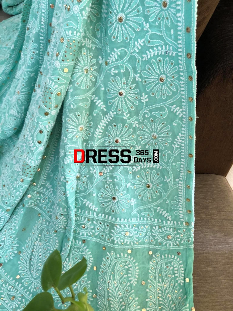 Sea Green Lucknowi Chikankari Lehenga With Golden Mukaish Work