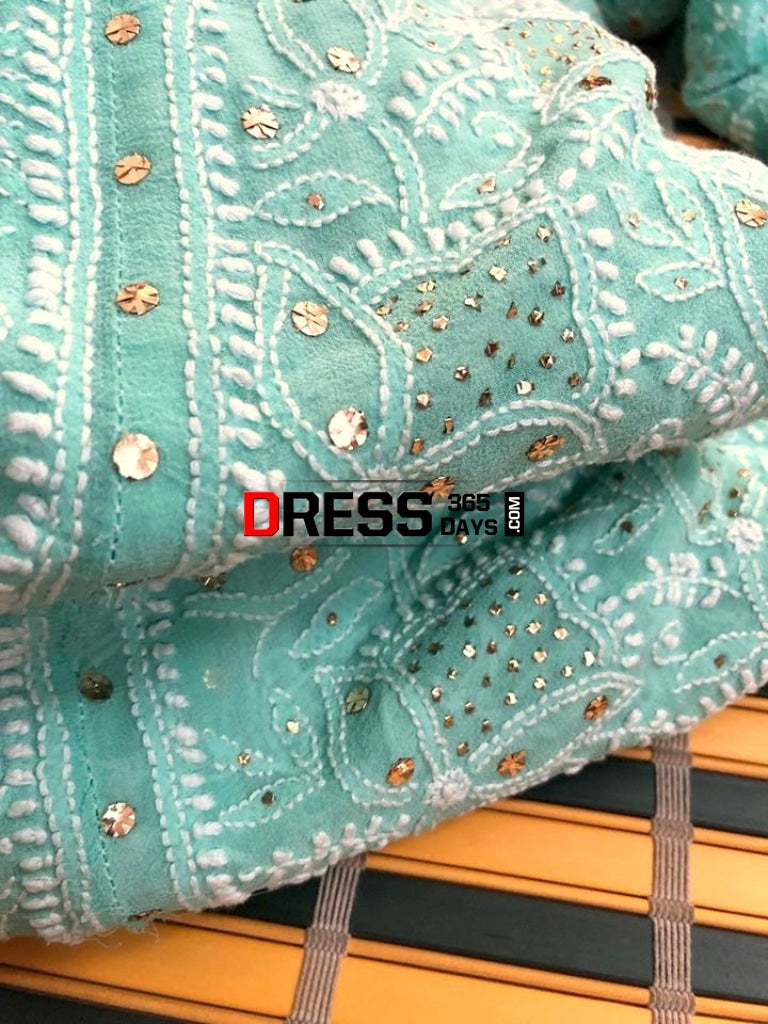 Sea Green Lucknowi Chikankari Lehenga With Golden Mukaish Work
