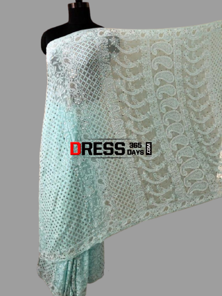 Sea Green Lucknowi Chikankari Saree With Mukaish Work