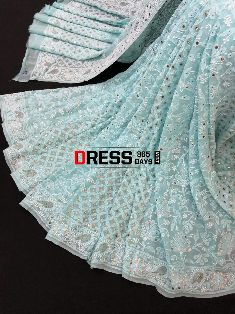 Sea Green Lucknowi Chikankari Saree With Mukaish Work