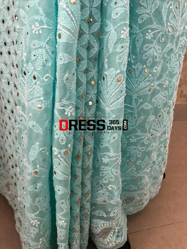 Sea Green Lucknowi Chikankari Saree With Mukaish Work