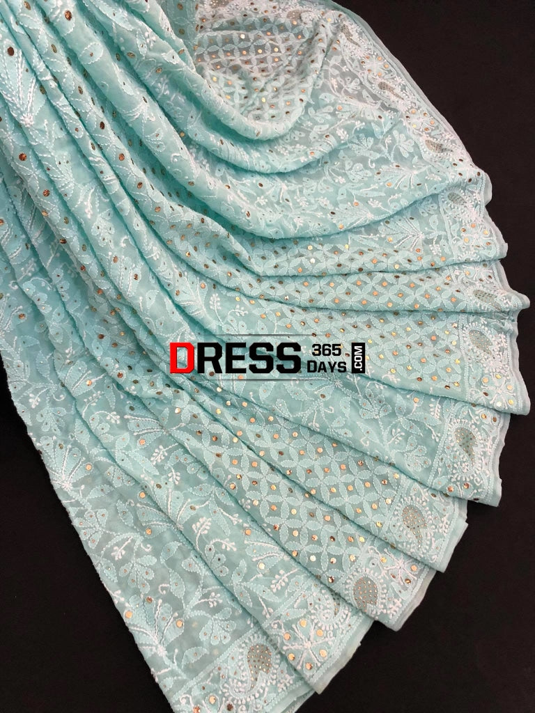 Sea Green Lucknowi Chikankari Saree With Mukaish Work