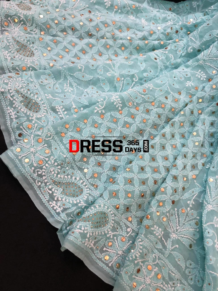 Sea Green Lucknowi Chikankari Saree With Mukaish Work