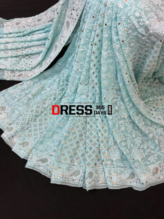 Sea Green Lucknowi Chikankari Saree With Mukaish Work