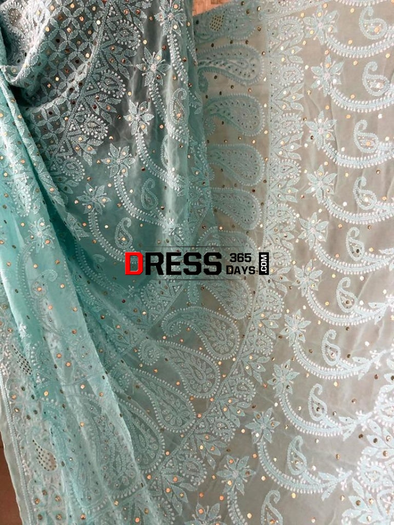 Sea Green Lucknowi Chikankari Saree With Mukaish Work