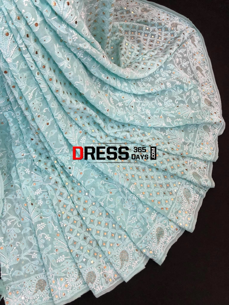 Sea Green Lucknowi Chikankari Saree With Mukaish Work