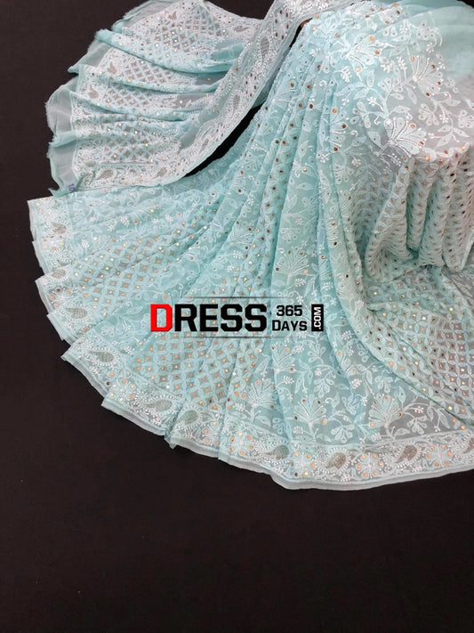 Sea Green Lucknowi Chikankari Saree With Mukaish Work