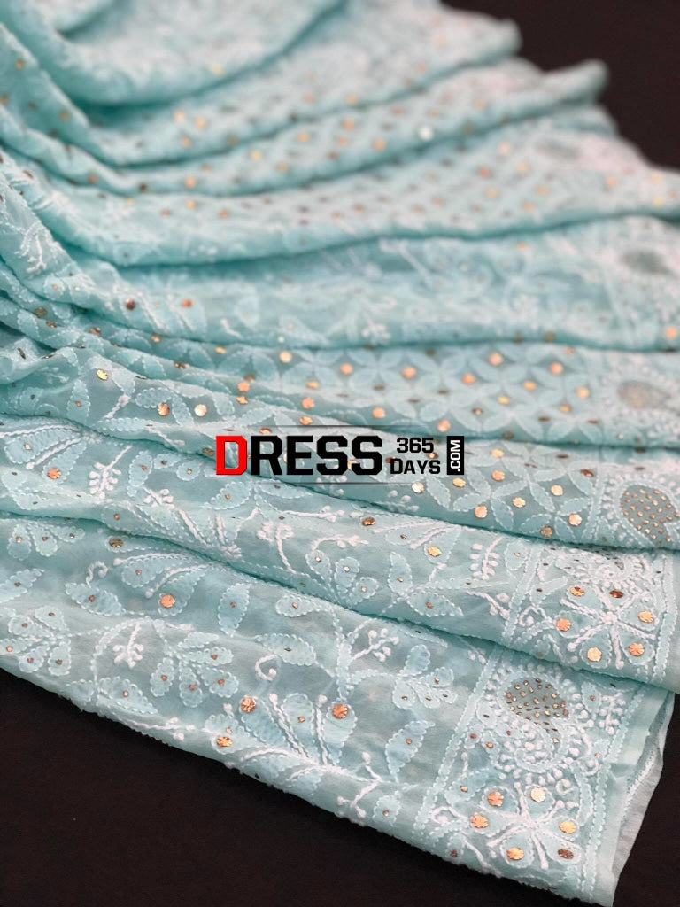 Sea Green Lucknowi Chikankari Saree With Mukaish Work