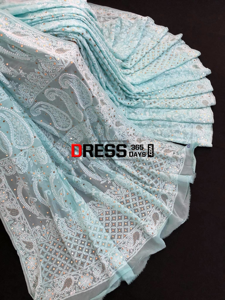 Sea Green Lucknowi Chikankari Saree With Mukaish Work