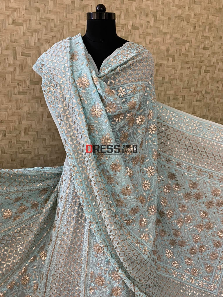 Sea Green Lucknowi Gota Patti Lehenga Set Chikankari