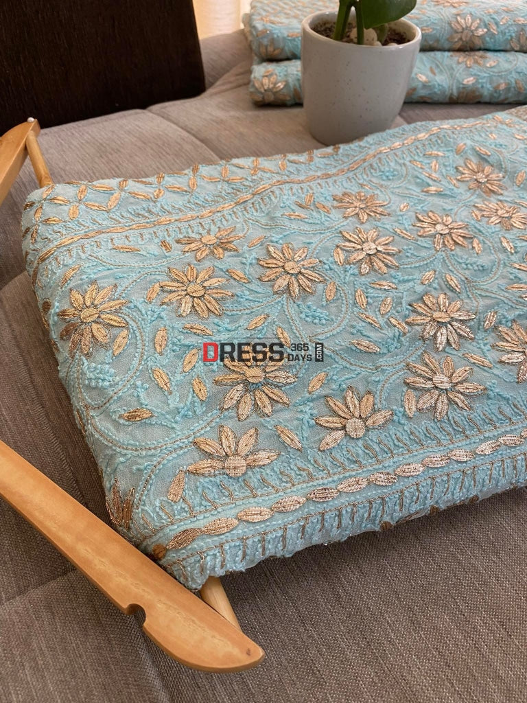 Sea Green Lucknowi Gota Patti Lehenga Set Chikankari