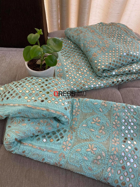 Sea Green Mirror & Gota Patti Lucknowi Lehenga Set Chikankari