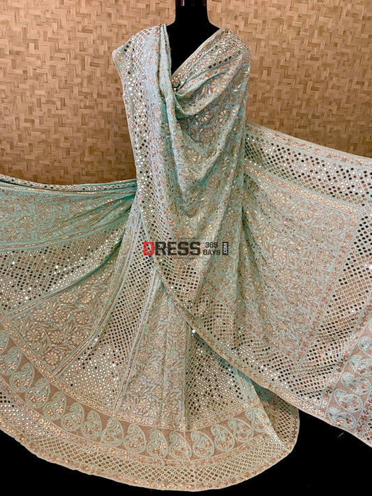 Sea Green Mirror & Gota Patti Lucknowi Lehenga Set Chikankari