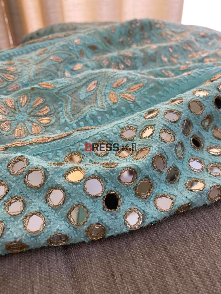 Sea Green Mirror & Gota Patti Lucknowi Lehenga Set Chikankari