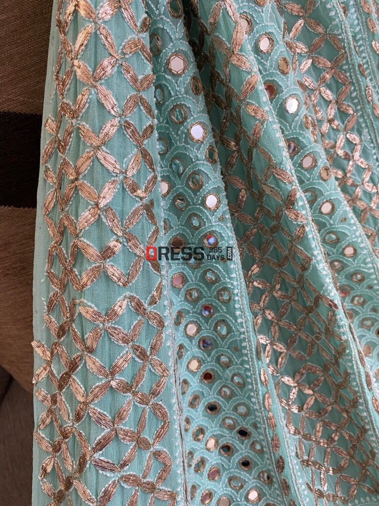 Sea Green Mirror Gota Patti Pure Georgette Anarkali Suit Chikankari