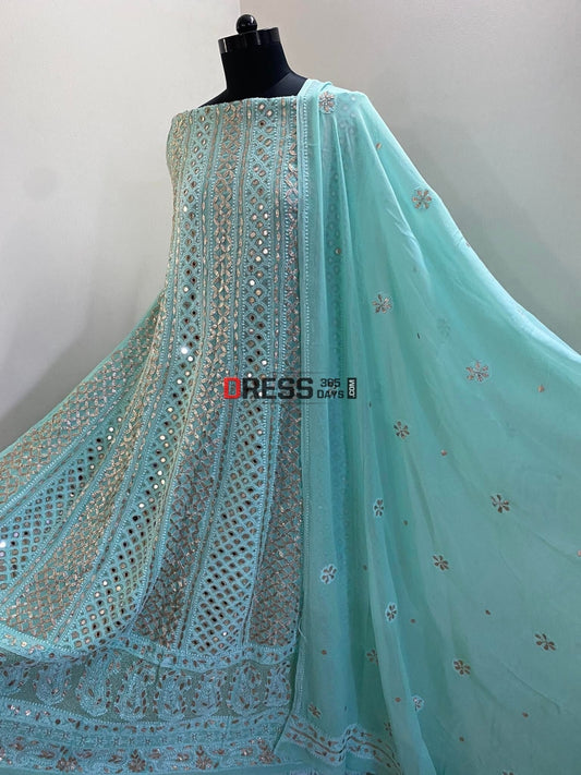 Sea Green Mirror Gota Patti Pure Georgette Anarkali Suit Chikankari