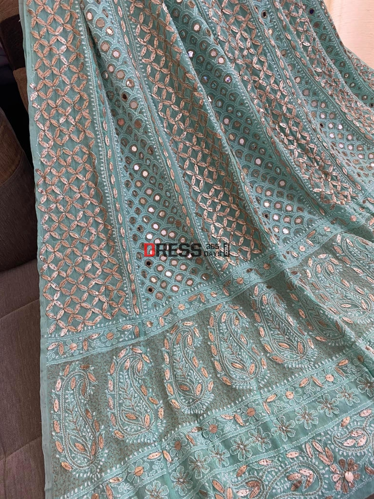 Sea Green Mirror Gota Patti Pure Georgette Anarkali Suit Chikankari