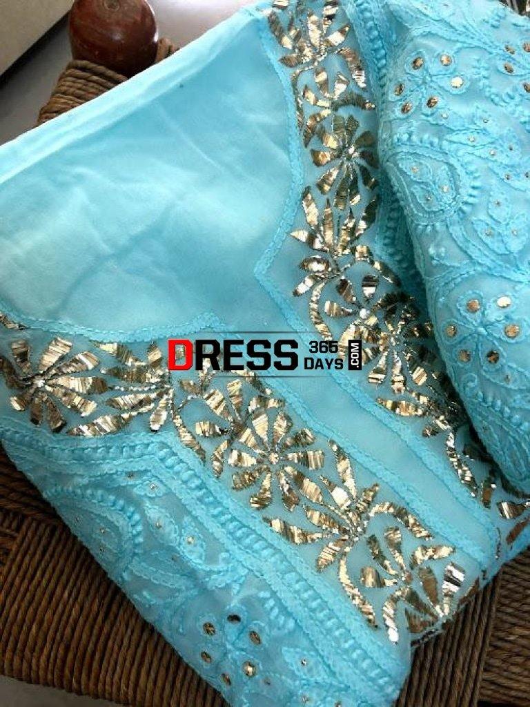 Sea Green Mukaish Neckline Chikankari Suit Suits