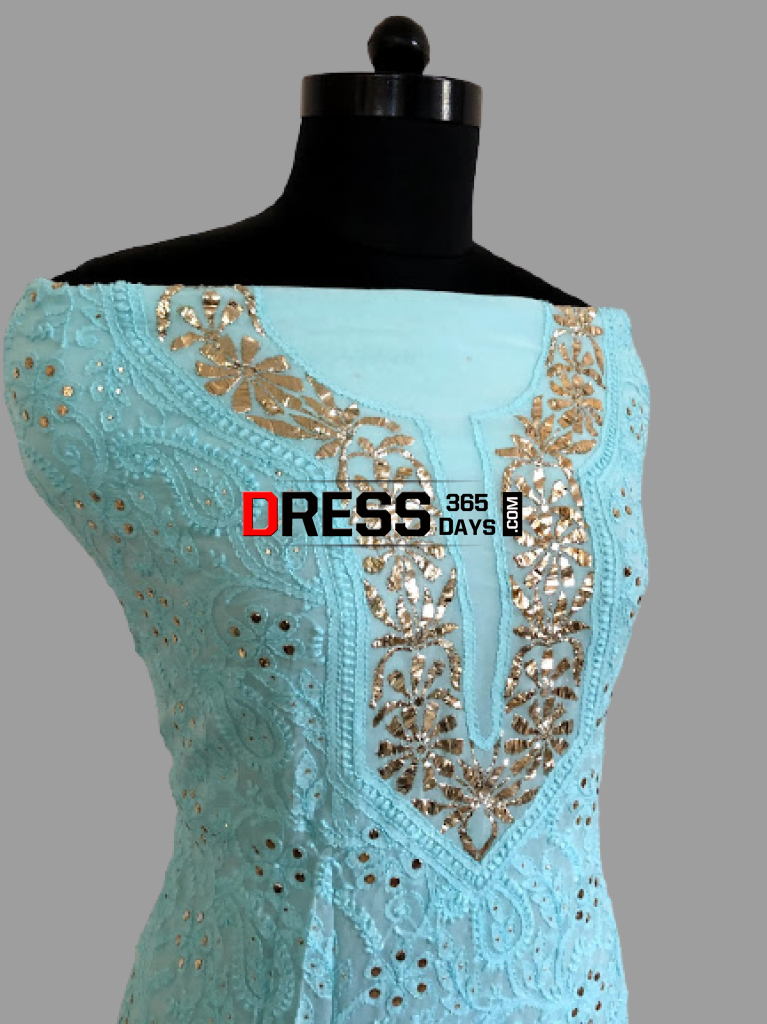 Sea Green Mukaish Neckline Chikankari Suit Suits